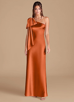 Azazie Capri Robes de demoiselle d'honneur Robe Fourreau en Satiné métallisé Ue épaule Orange Brûlée image3