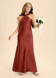 Azazie Doretta Junior A-Linie Plissee Stretch-Satin Kleid Terrakotta image5