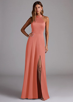 Azazie Myra Bridesmaid Dresses Salmon Pink A-Line High Neck Stretch Satin Dress image1