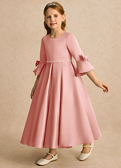 Azazie Eliza Flower Girl Dresses Rosette A-Line Pleated Matte Satin Dress image3