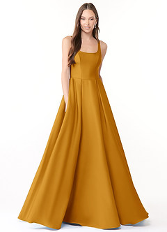 Azazie Neve Vestidos de damas de honor Vestido de Caramelo de Satén Elástico de Corte Princesa con Con bolsillos image1