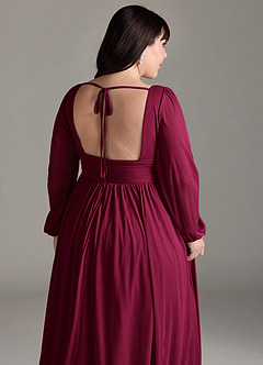 Azazie Norah Robes de demoiselle d'honneur Robe Trapèze en Mousseline de soie Col en V, manches longues Bourgogne image13
