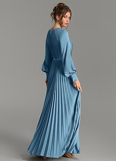 Azazie Grayson Bridesmaid Dresses Steel Blue A-Line Long Sleeve Stretch Satin Dress image5