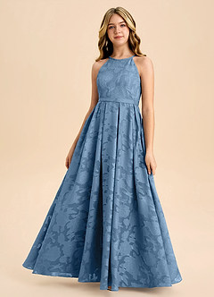 Azazie Arianthe Junior Steel Blue A-Line Pleated Floral Burnout Dress image2