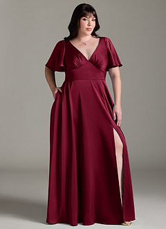 Azazie Kimber Bridesmaid Dresses Burgundy A-Line Ruched Stretch Satin Dress image9