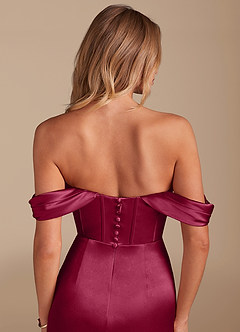 Azazie Asha Bridesmaid Dresses Burgundy Sheath Off the Shoulder Metallic Satin Dress image6