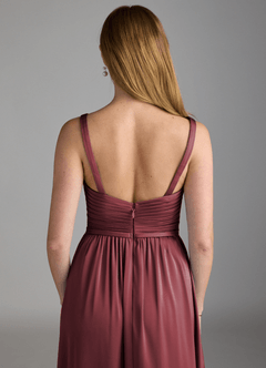Azazie Chanel Bridesmaid Dresses Merlot A-Line Pleated Stretch Satin Dress image4