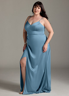 Azazie Marchella Bridesmaid Dresses Steel Blue A-Line Corset Stretch Satin Dress image10