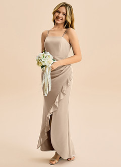 Azazie Buzzy Junior Taupe Sheath Pleated Chiffon Dress image3