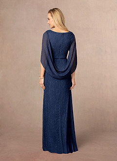 Azazie Paige Mother of the Bride Dresses Dark Navy Sheath Pleated Cape Metallic Mesh Dress image3