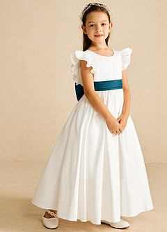 Azazie Aero Flower Girl Dresses Ivory Ink Blue A-Line Pleated Cotton Dress image5