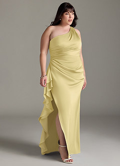 Azazie Latrice Bridesmaid Dresses Lemon Sorbet Sheath One Shoulder Cascading Ruffles Stretch Satin Dress image9