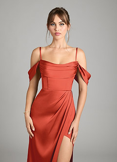 Azazie Johana Bridesmaid Dresses Rust Mermaid Off the Shoulder Stretch Satin Convertible Dress image3