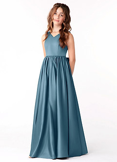 Azazie Hathaway Junior Vestido de Bermudas de Satén Elástico de Corte En A con Lazo image3