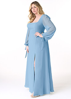 Azazie Leonia Bridesmaid Dresses Powder Blue A-Line Long Sleeve Chiffon Dress image10