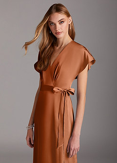 Azazie Nico Bridesmaid Dresses Copper A-Line V-Neck Stretch Satin Dress image6