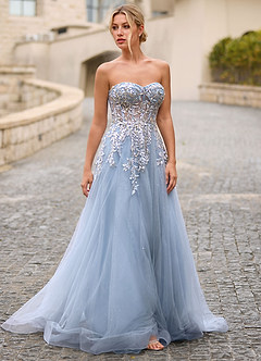 Celeste Azul Polvoriento Vestido de graduación de encaje transparente con pedrería image9