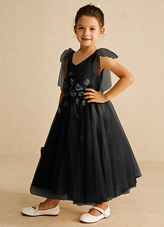 Azazie Minia Jurken voor bloemenmeisjes A-Lijn Jurk van Mat Satijn Boog Zwart image5