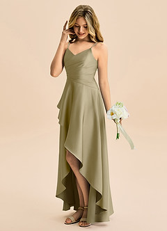 Azazie Eirlys Junior A-Linie Plissee Stretch-Satin Kleid Moosgrün image3