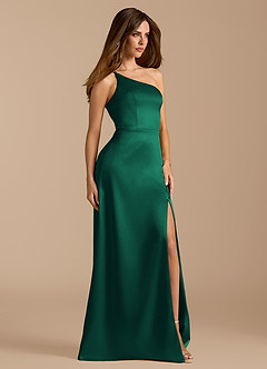 Azazie Trina Bridesmaid Dresses Emerald A-Line One Shoulder Metallic Satin Dress image4