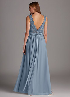 Azazie Elly Robes de demoiselle d'honneur Robe Trapèze en Mousseline de soie Encolure dégagée en dentelle Bleu Poussiéreux image2