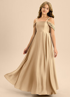 Azazie Rowena Junior Champagne A-Line Bow Stretch Satin Dress image6