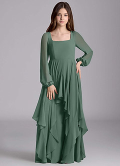 Azazie Clara Junior Abito A-Line in Chiffon Blusa Muschio Marino image5