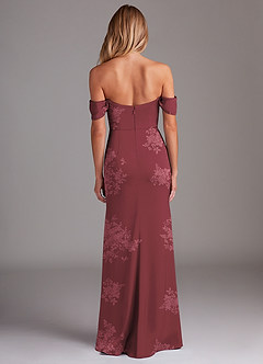 Azazie Saige Bridesmaid Dresses Burgundy Floral Bouquet Sheath Off the Shoulder Stretch Satin Dress image10