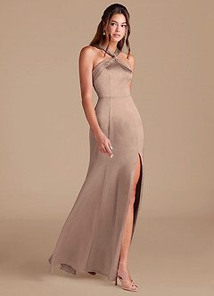 Azazie Rue Bridesmaid Dresses Taupe Mermaid Pleated Metallic Satin Dress image4
