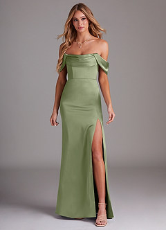 Azazie Saige Bridesmaid Dresses Pistachio Sheath Off the Shoulder Stretch Satin Dress image3