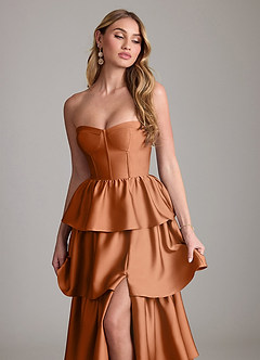 Azazie Faye Bridesmaid Dresses Copper A-Line Ruched Stretch Satin Dress image5