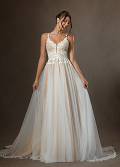 Azazie Devi Wedding Dresses Diamond White Nude A-Line V-Neck Lace Tulle Dress image4