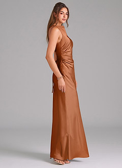 Azazie Evadne Bridesmaid Dresses Copper Sheath Pleated Stretch Satin Dress image4