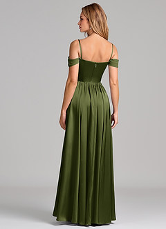 Azazie Raisa Robes de demoiselle d'honneur Robe Trapèze en Satin extensible Épaule décolletée Olive image6