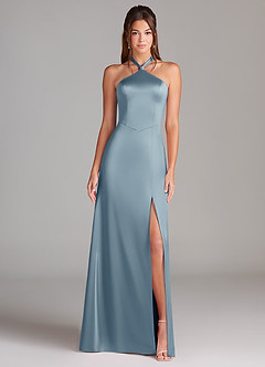 Azazie Elliana Robes de demoiselle d'honneur Robe Trapèze en Satin extensible Fente Latérale Bleu Poussiéreux image5