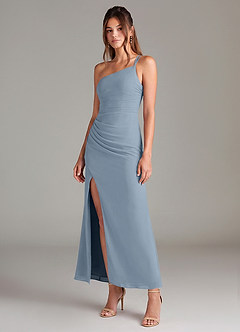 Azazie Eren 신부 들러리 드레스 인어 한쪽 어깨 쉬폰 발목 길이 드레스 image1