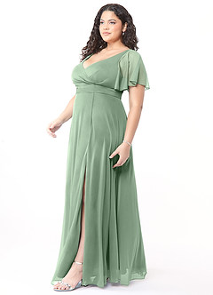 Azazie Induh Brautjungfernkleider A-Linie Flattert V-Hals Gittergewebe Kleid Matcha image9