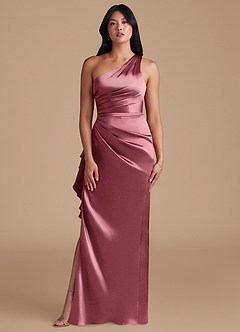 Azazie Latrice At-home Try On Dresses Desert Rose Sheath One Shoulder Metallic Satin Dress image2