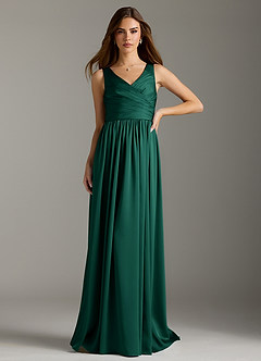 Azazie Keyla Bridesmaid Dresses Emerald A-Line Pleated Stretch Satin Dress image3