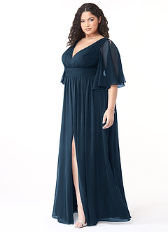 Azazie Temeka Robes de demoiselle d'honneur Robe Trapèze en Mousseline de soie Drapé Bleu Marine Foncé image3