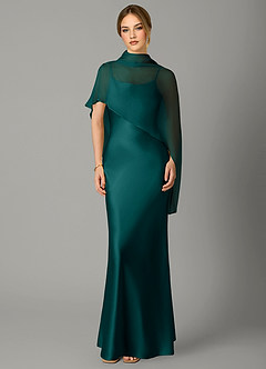 Azazie Jaleesa Abiti da Damigella Abito A-Line in Raso Elasticizzato Collo Alto Verde Pavone image1