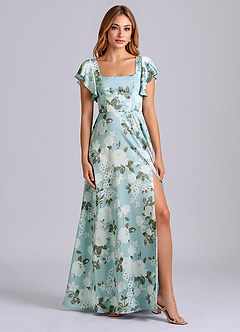 Azazie Bondi Bridesmaid Dresses Misty Floral Garden A-Line Bow Stretch Satin Dress image2