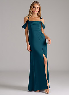Azazie Callan Bridesmaid Dresses Ink Blue A-Line Pleated Stretch Satin Convertible Dress image4