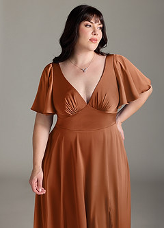 Azazie Kimber Bridesmaid Dresses Copper A-Line Ruched Stretch Satin Dress image11