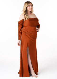 Azazie Hallie Jurken voor bruidsmeisjes Converteerbaar Jurk van Stretch Satijn met Kolom Off-the-shoulder lange mouw Verbrande Sinaasappel image10