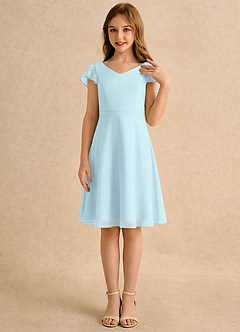 Azazie Narin Girls Formal Flower Girl Dresses Cloud Blue A-Line with Sleeves Chiffon Dress image4