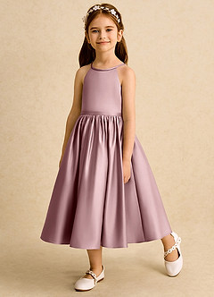 Azazie Indi vestidos de niña de las flores Vestido de Rosa Polvorienta de Satin Mate de Corte En A con Lazo image3