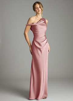 Azazie Emerson Vestidos de madrinha de casamento Vestido Rosa Empoeirada de Cetim elástico de sereia com Ombros Caídos image5