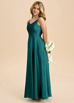 Azazie Bug Junior Peacock A-Line Pleated Stretch Satin Dress image7