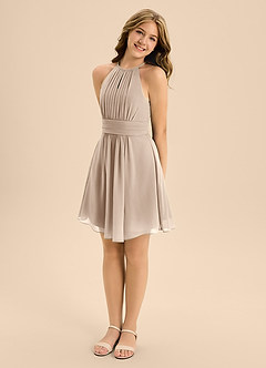 Azazie Bonnie Junior Taupe A-Line Pleated Chiffon Dress image4